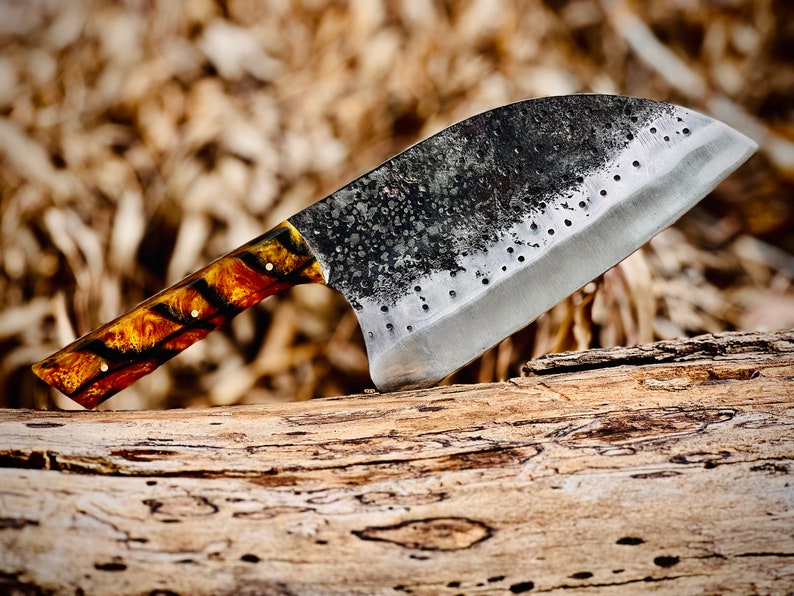 Handmade Carbon Steel Serbian Chef's Knife Cleaver with Leather Sheath