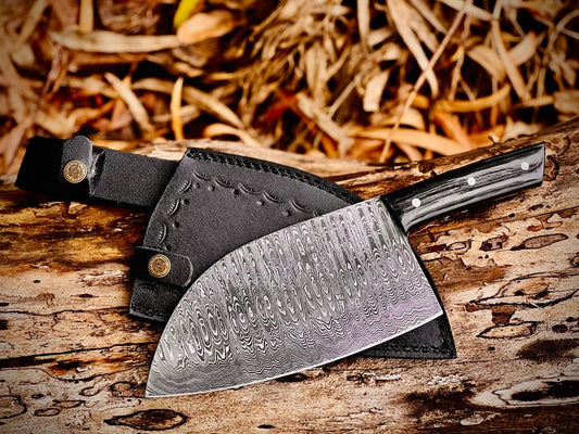 Handmade Damascus Serbian Cleaver/Chopper with Buffalo Horn Handle - Leather Sheath