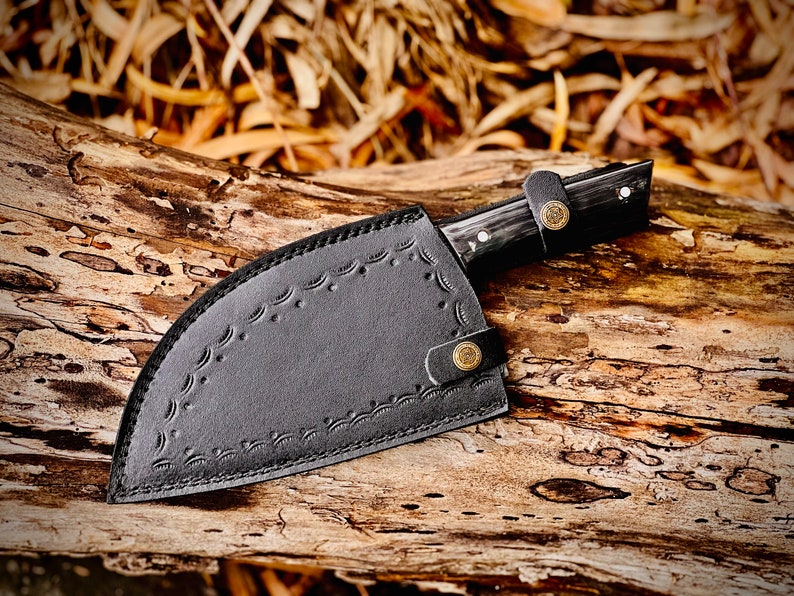 Handmade Damascus Serbian Cleaver/Chopper with Buffalo Horn Handle - Leather Sheath