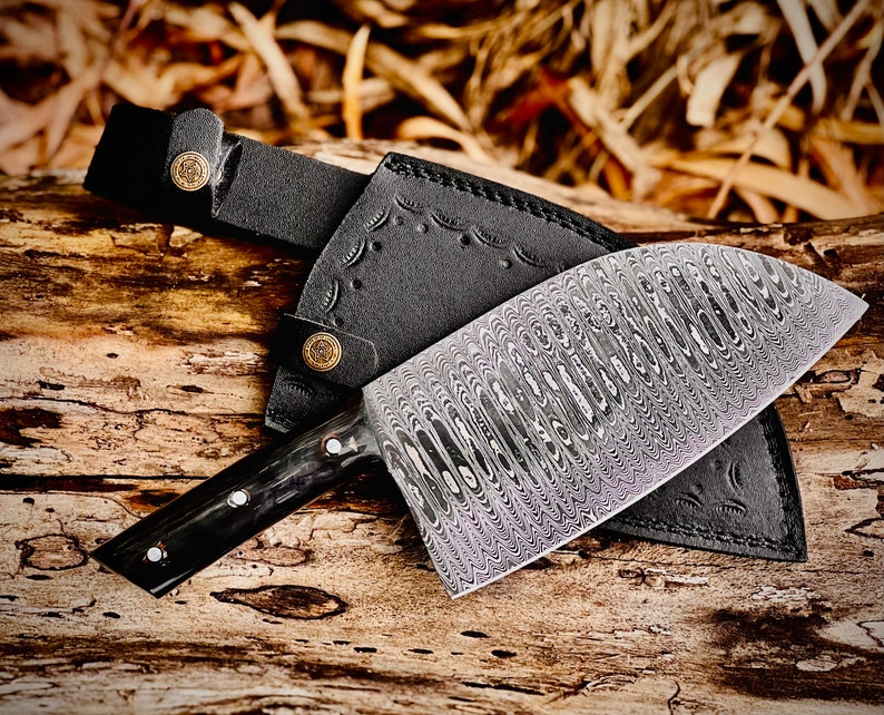 Handmade Damascus Serbian Cleaver/Chopper with Buffalo Horn Handle - Leather Sheath