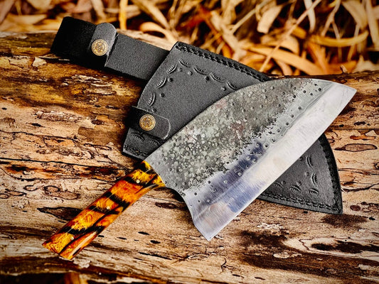 Handmade Carbon Steel Serbian Chef's Knife Cleaver with Leather Sheath