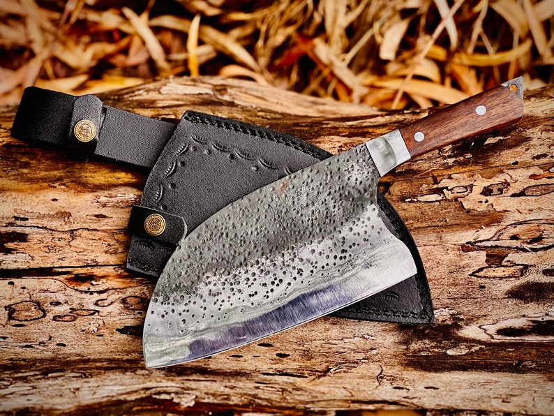 Handmade Carbon Steel Serbian Cleaver with Wood Handle with Leather Sheath