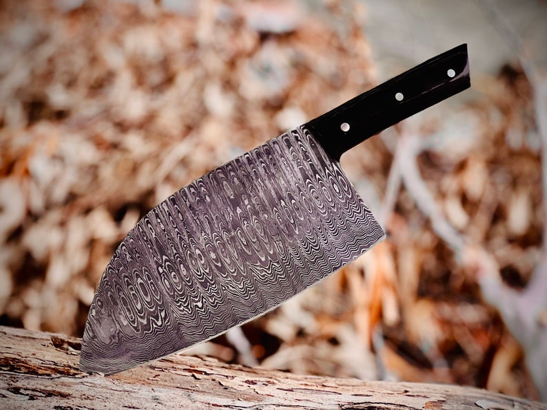 Handmade Damascus Serbian Cleaver/Chopper with Buffalo Horn Handle - Leather Sheath
