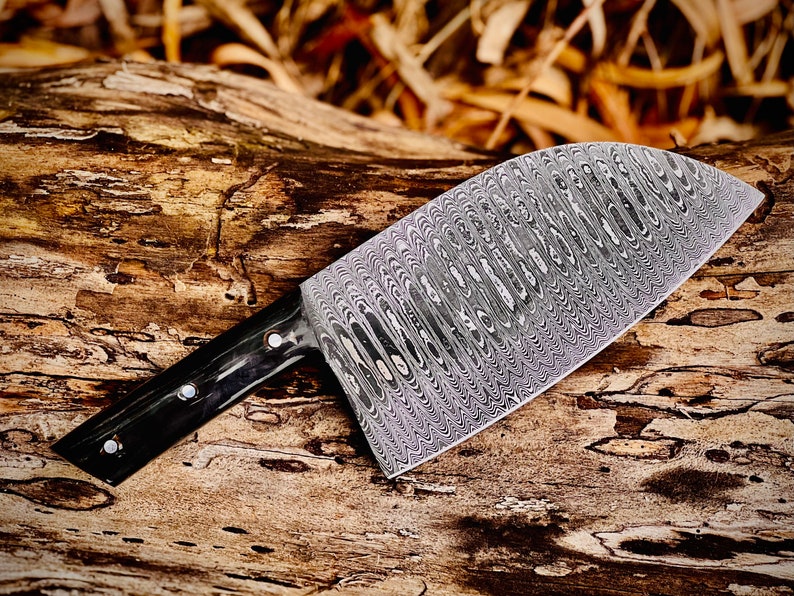 Handmade Damascus Serbian Cleaver/Chopper with Buffalo Horn Handle - Leather Sheath