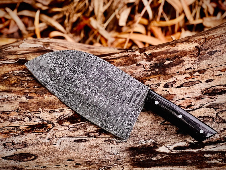 Handmade Damascus Serbian Cleaver/Chopper with Buffalo Horn Handle - Leather Sheath