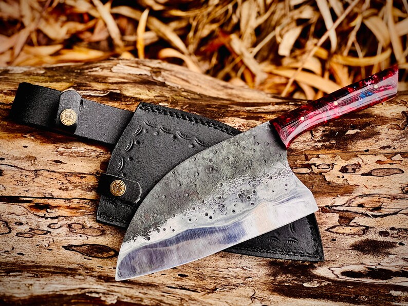 Handmade Carbon Steel Serbian Cleaver Beautiful Handle with Leather Sheath