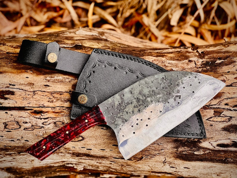 Handmade Carbon Steel Serbian Cleaver Beautiful Handle with Leather Sheath