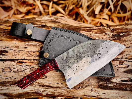 Handmade Carbon Steel Serbian Cleaver Beautiful Handle with Leather Sheath
