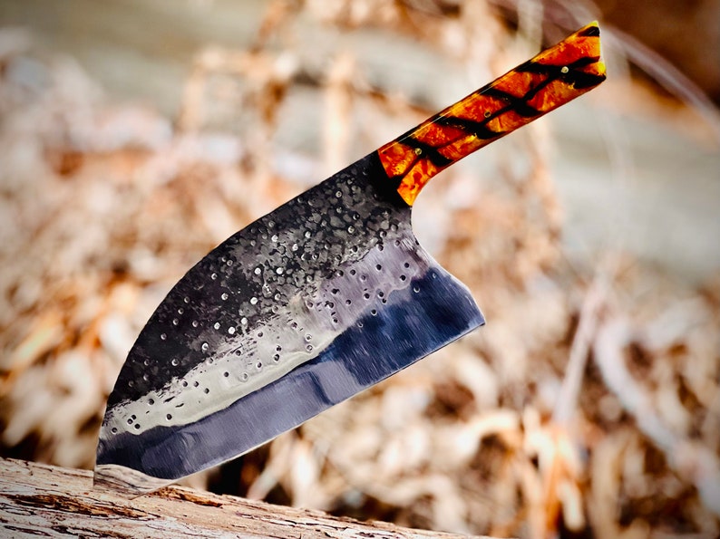 Handmade Carbon Steel Serbian Chef's Knife Cleaver with Leather Sheath
