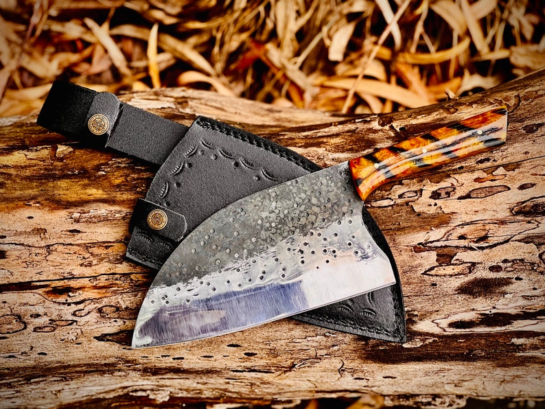 Handmade Carbon Steel Serbian Chef's Knife Cleaver with Leather Sheath