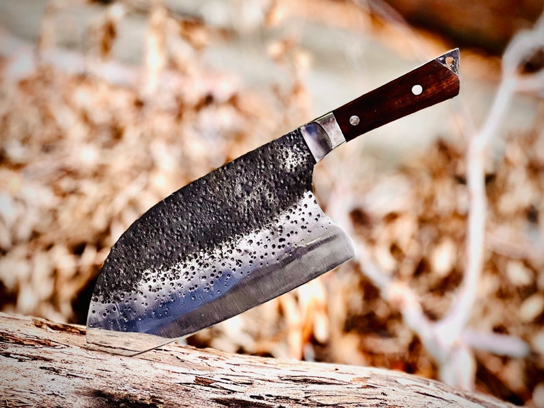 Handmade Carbon Steel Serbian Cleaver with Wood Handle with Leather Sheath