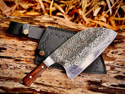 Handmade Carbon Steel Serbian Cleaver with Wood Handle with Leather Sheath