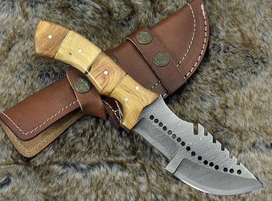 Custom Handmade Damascus Steel Blade Tracker Knife With Leather Sheath