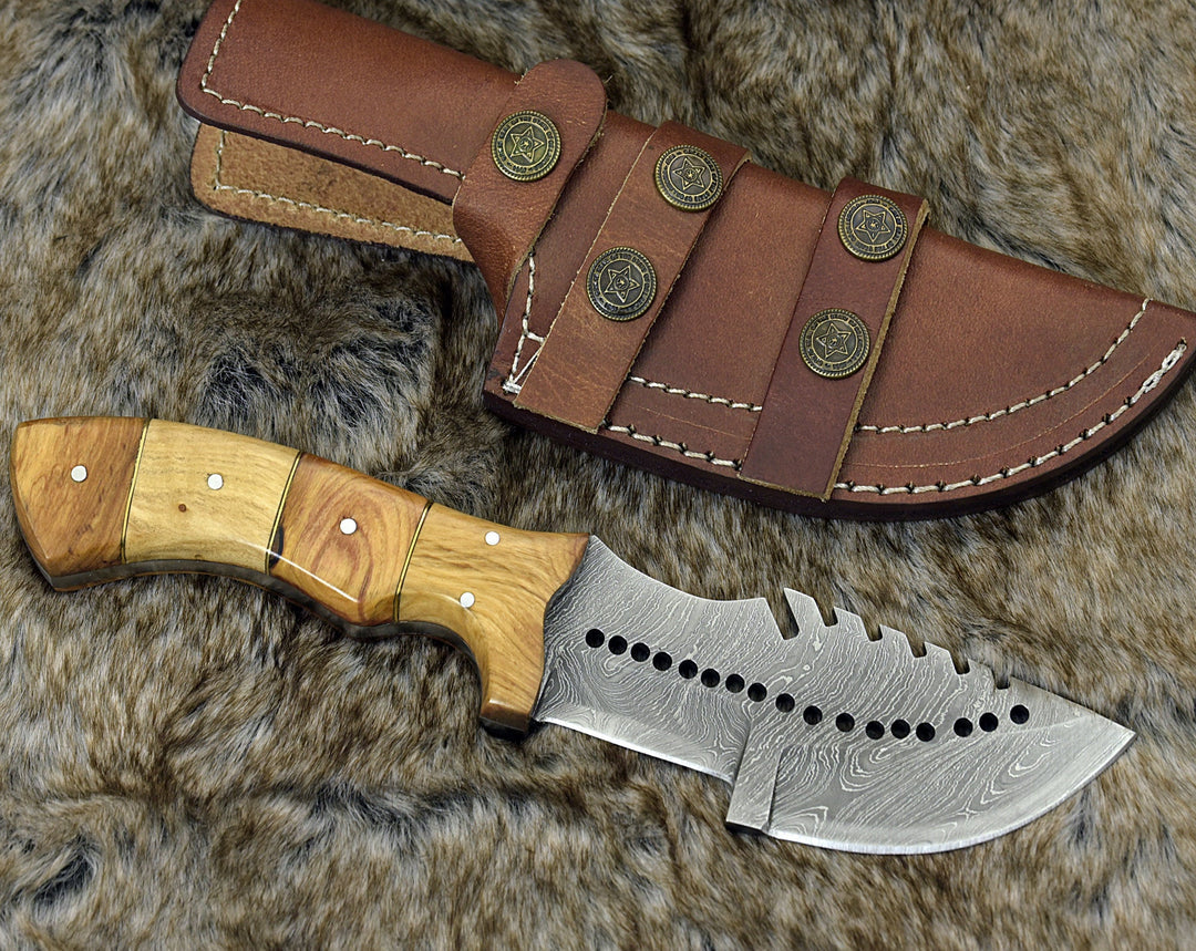 Custom Handmade Damascus Steel Blade Tracker Knife With Leather Sheath