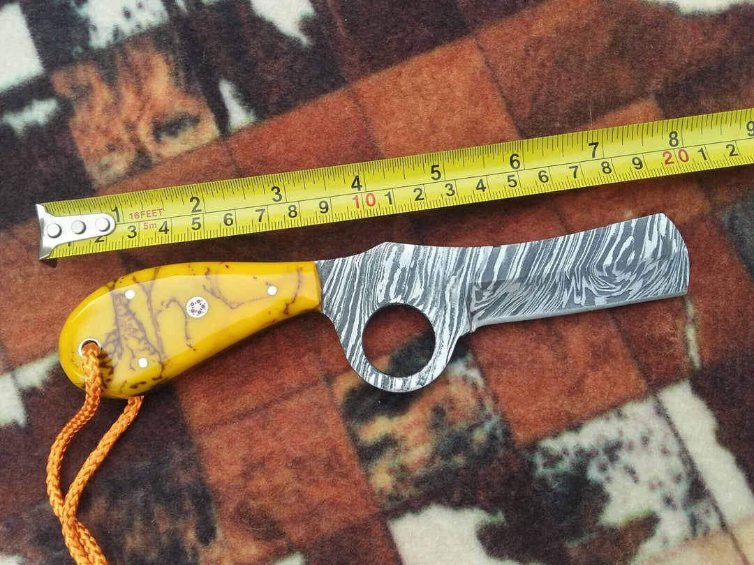 Handmade Cowboy Knife 8" Damascus Fixed Blade Bull Cutter Pancake Leather Sheath