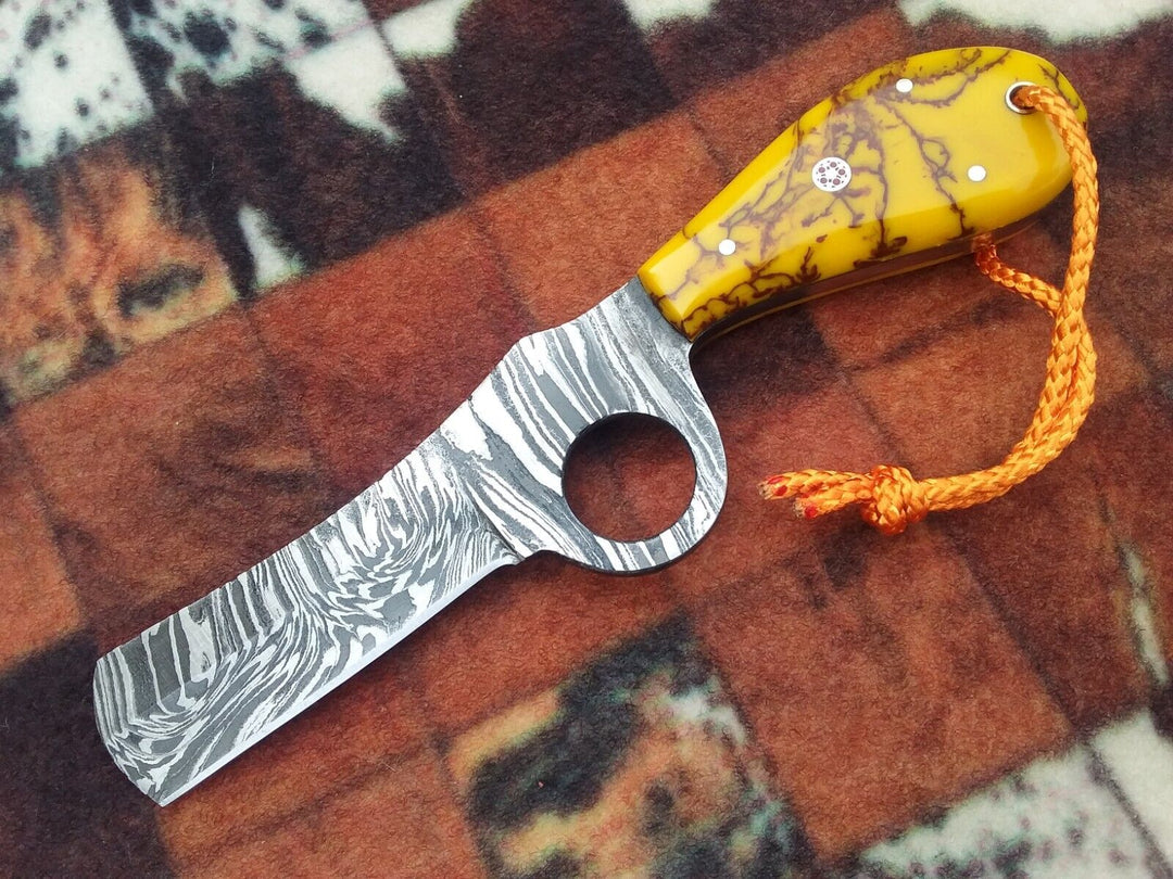 Handmade Cowboy Knife 8" Damascus Fixed Blade Bull Cutter Pancake Leather Sheath