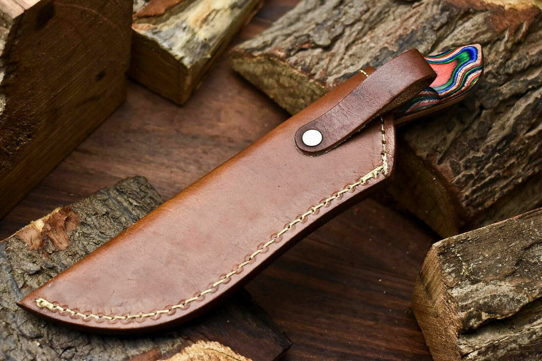 Cowboy Knife Forged Damascus Bull Cutter with Leather Sheath