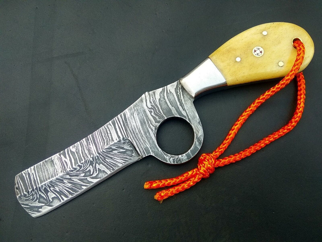 Handmade Cowboy Knife 8" Damascus Bull Cutter Pancake Leather Holster