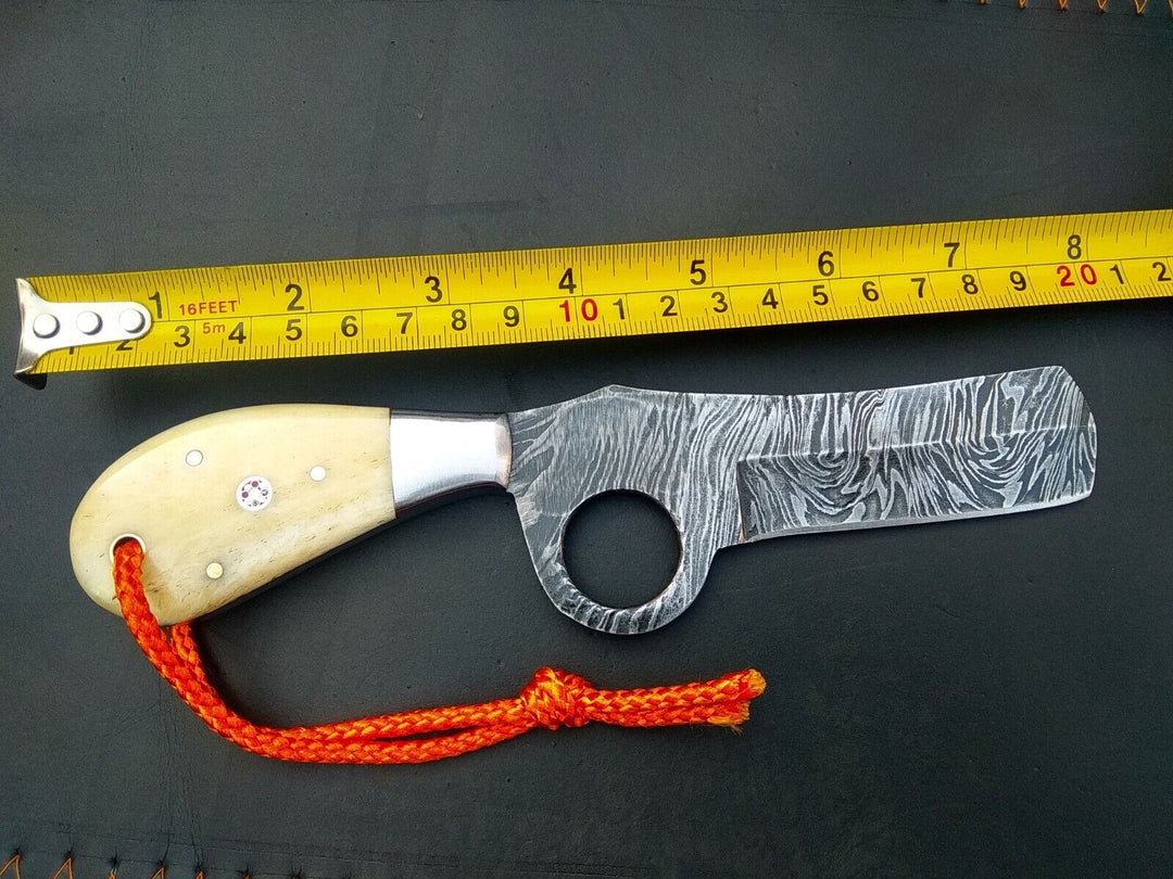 Handmade Cowboy Knife 8" Damascus Bull Cutter Pancake Leather Holster