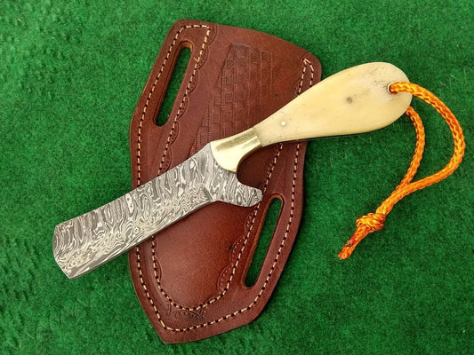 Custom Handmade Cowboy Knife 8" Damascus EDC Hunting Bone Handle Bull Cutter