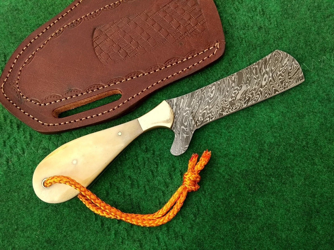 Custom Handmade Cowboy Knife 8" Damascus EDC Hunting Bone Handle Bull Cutter