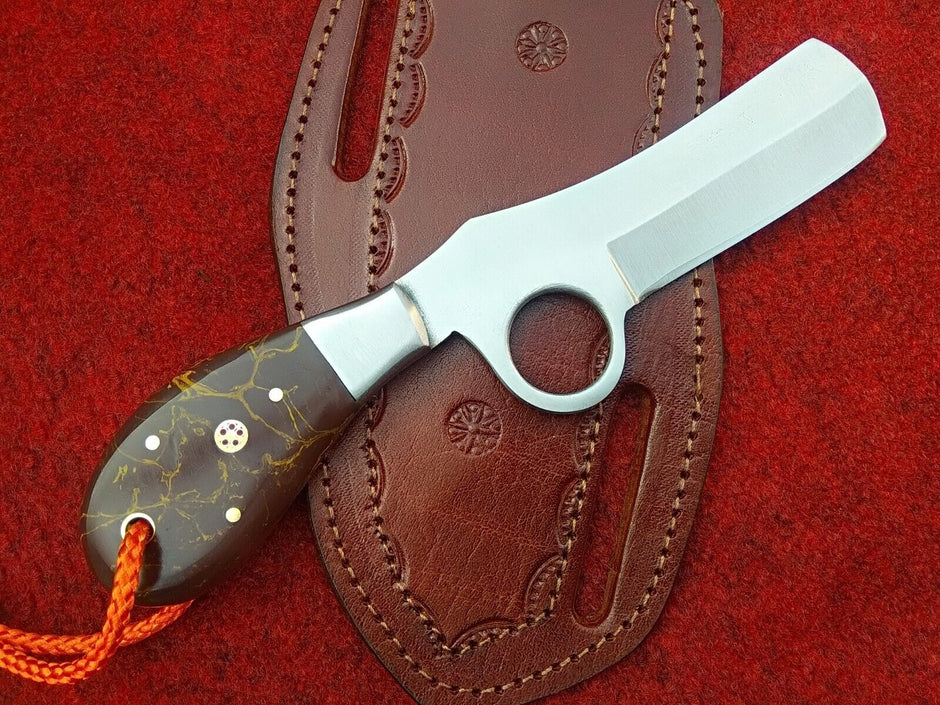 Cowboy Knife Handmade Bull Cutter Tool Steel EDC Rare Handle with Leather Sheath
