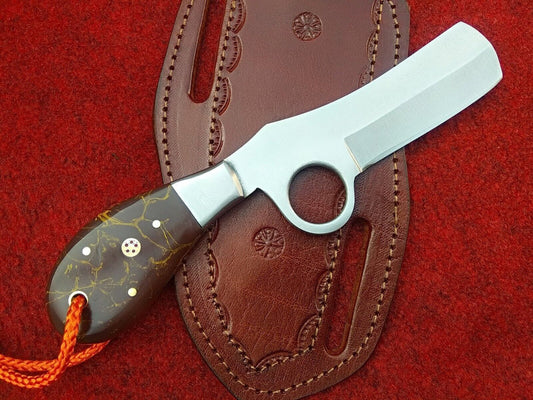 Cowboy Knife Handmade Bull Cutter Tool Steel EDC Rare Handle with Leather Sheath