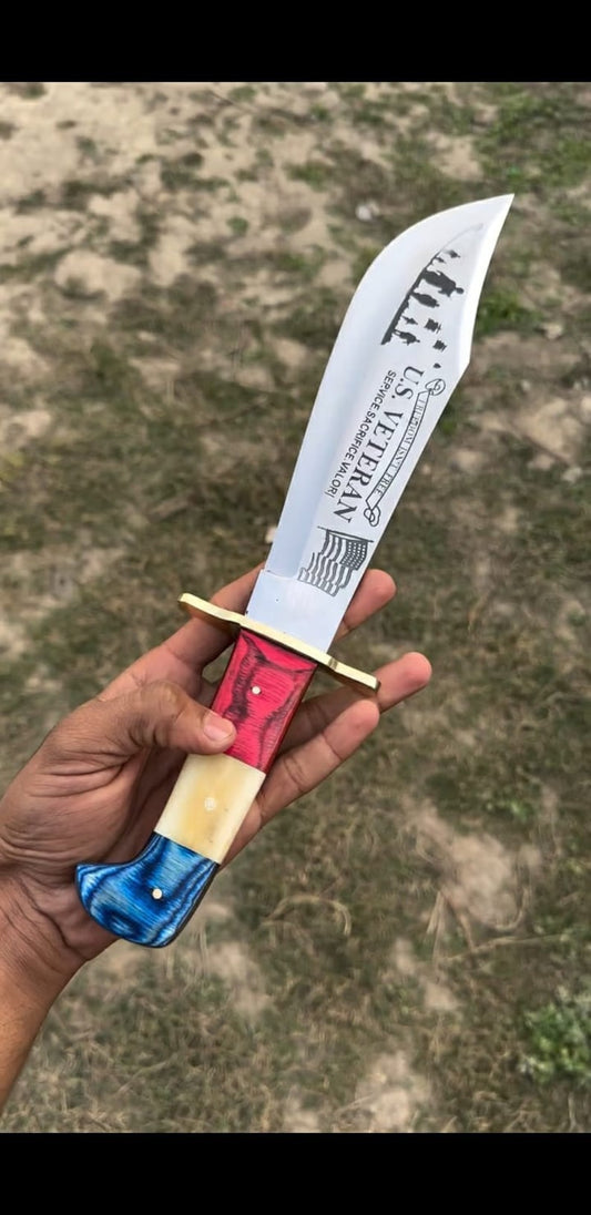 Handmade stainless steel hunting knife with a striped pattern blade, red and blue handle, and a silver guard.