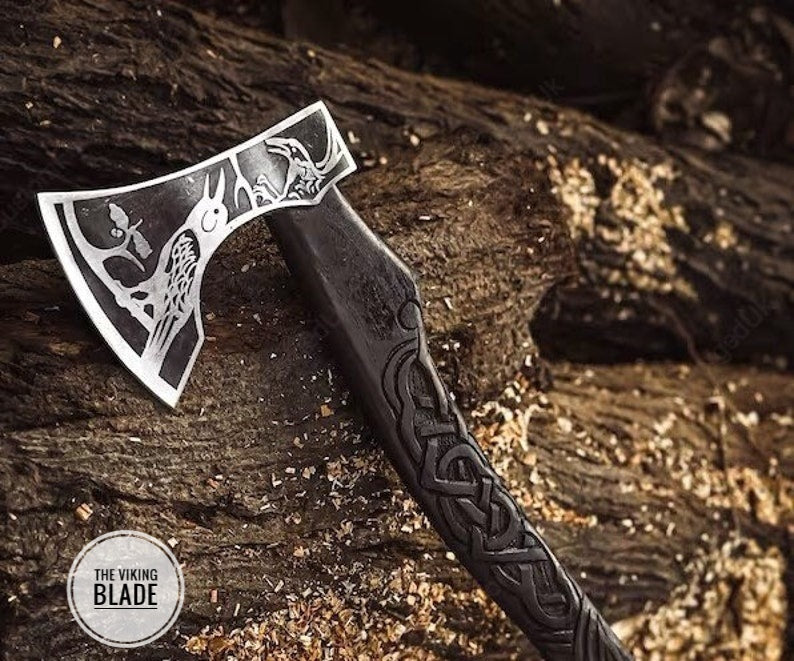 Custom Handmade Exotic Raven Axe, Handmade Carbon Steel Viking Axe With Sheath |The Viking Blade|