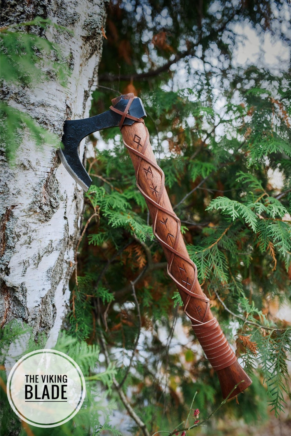 Custom Handmade Carbon Steel Long Bearded Viking Axe Runes Carved On Handle With Leather Sheath |The Viking Blade|