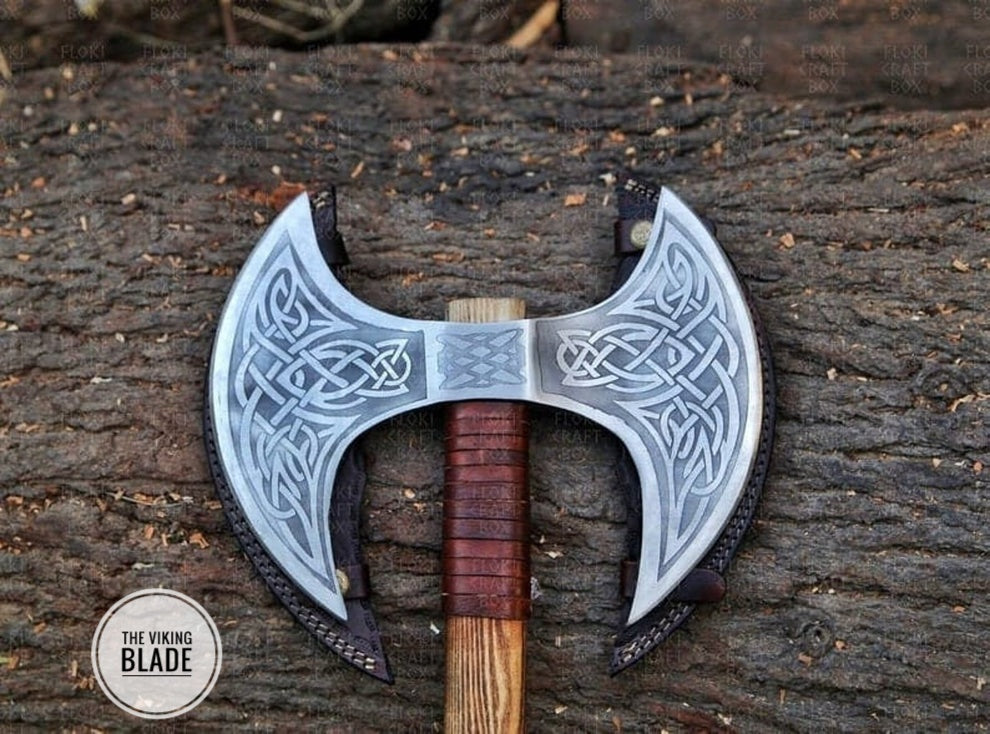Double Blade With Nurse Pattern Custom Handmade Carbon Steel Viking Axe With Leather Sheath |The Viking Blade|