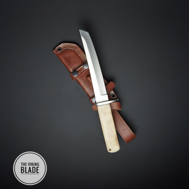 Custom Hand Forged D2 Steel Tanto Knife With Camel Bone Handle With Leather Sheath |The Viking Blade|