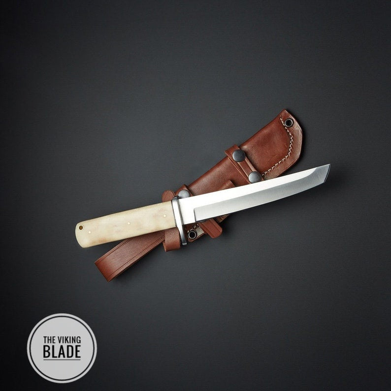 Custom Hand Forged D2 Steel Tanto Knife With Camel Bone Handle With Leather Sheath |The Viking Blade|