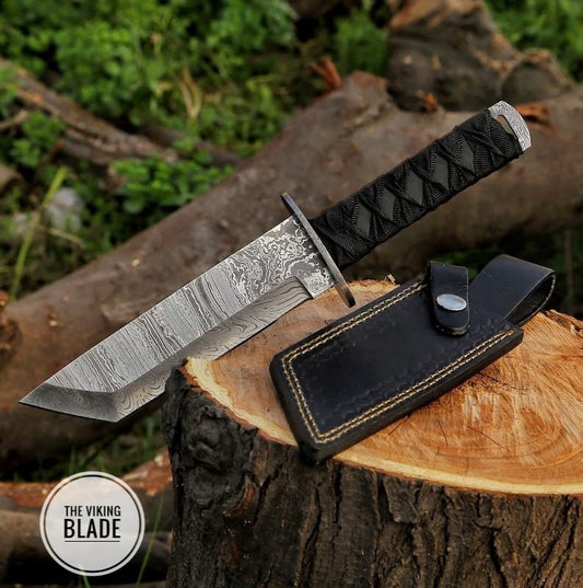 Custom Handmade Damascus Steel Tactical Tanto Knife With Leather Sheath |The Viking Blade|