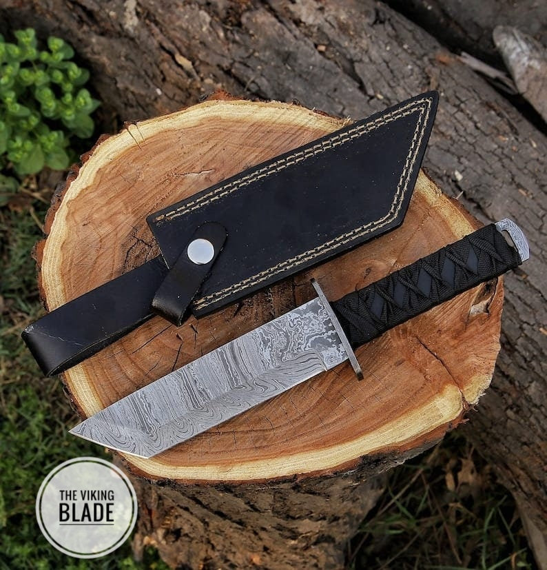 Custom Handmade Damascus Steel Tactical Tanto Knife With Leather Sheath |The Viking Blade|