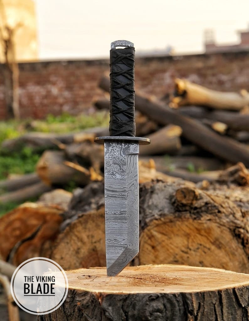 Custom Handmade Damascus Steel Tactical Tanto Knife With Leather Sheath |The Viking Blade|