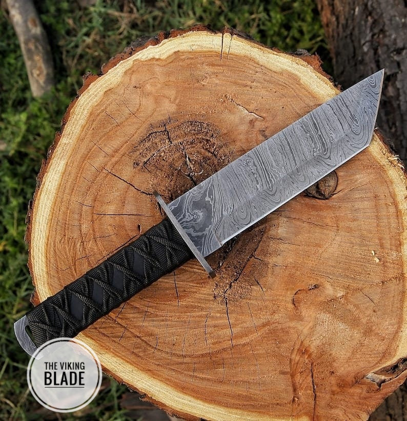 Custom Handmade Damascus Steel Tactical Tanto Knife With Leather Sheath |The Viking Blade|