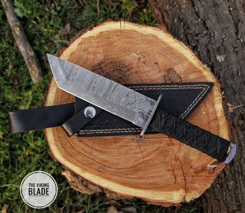 Custom Handmade Damascus Steel Tactical Tanto Knife With Leather Sheath |The Viking Blade|