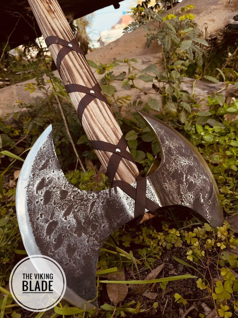 Custom Handmade Double Headed Carbon Steel Axe with Ash Wood Shaft And Scandinavian Axe And Norse Battle Axe With Leather Sheath |The Viking Blade|
