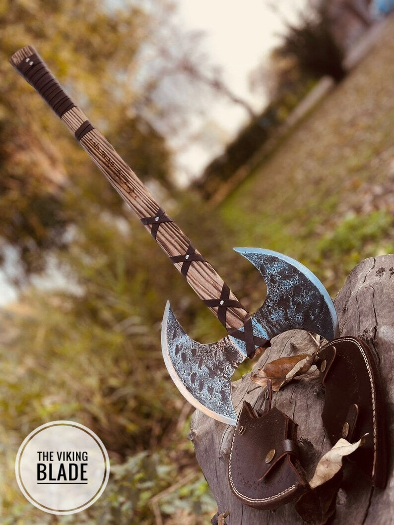 Custom Handmade Double Headed Carbon Steel Axe with Ash Wood Shaft And Scandinavian Axe And Norse Battle Axe With Leather Sheath |The Viking Blade|