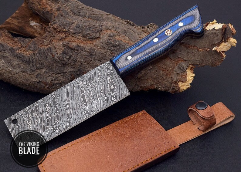 10" Custom Handmade Damascus Steel Cleaver, chopping Mincing Chopper Knife With Blue Wood Handle With Genuine Leather Sheath