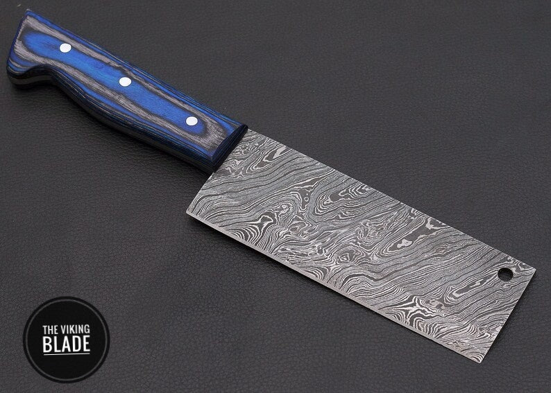 10" Custom Handmade Damascus Steel Cleaver, chopping Mincing Chopper Knife With Blue Wood Handle With Genuine Leather Sheath