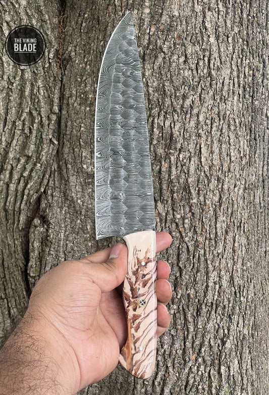 Handmade Damascus Steel Chef Knife Kitchen Fillet Boning Pinecone Handle Comes With Genuine Leather Sheath