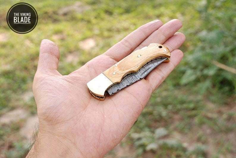 Custom handmade Damascus Steel Folding Pocket with Olivewood Handle & Comes with Genuine Leather Sheath