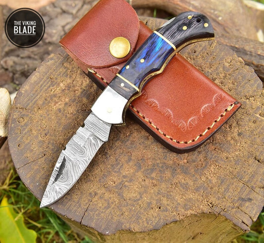 Damascus Steel FOLDING blade POCKET Knife Hunting Camping Wood Handle Comes with Genuine Leather Sheath