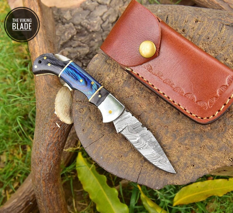 Damascus Steel FOLDING blade POCKET Knife Hunting Camping Wood Handle Comes with Genuine Leather Sheath