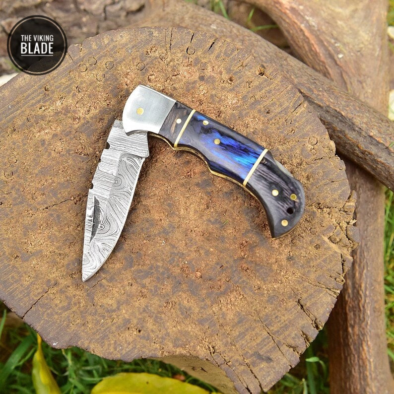 Damascus Steel FOLDING blade POCKET Knife Hunting Camping Wood Handle Comes with Genuine Leather Sheath