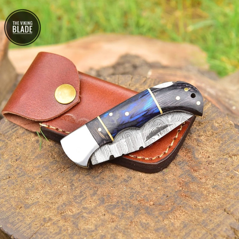 Damascus Steel FOLDING blade POCKET Knife Hunting Camping Wood Handle Comes with Genuine Leather Sheath