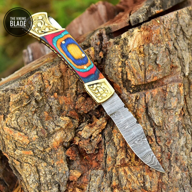 Handmade Damascus Steel Camping Tactical Folding blade POCKET Knife Hunting comes With Genuine Leather Sheath