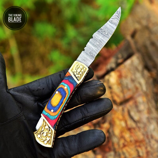 Handmade Damascus Steel Camping Tactical Folding blade POCKET Knife Hunting comes With Genuine Leather Sheath